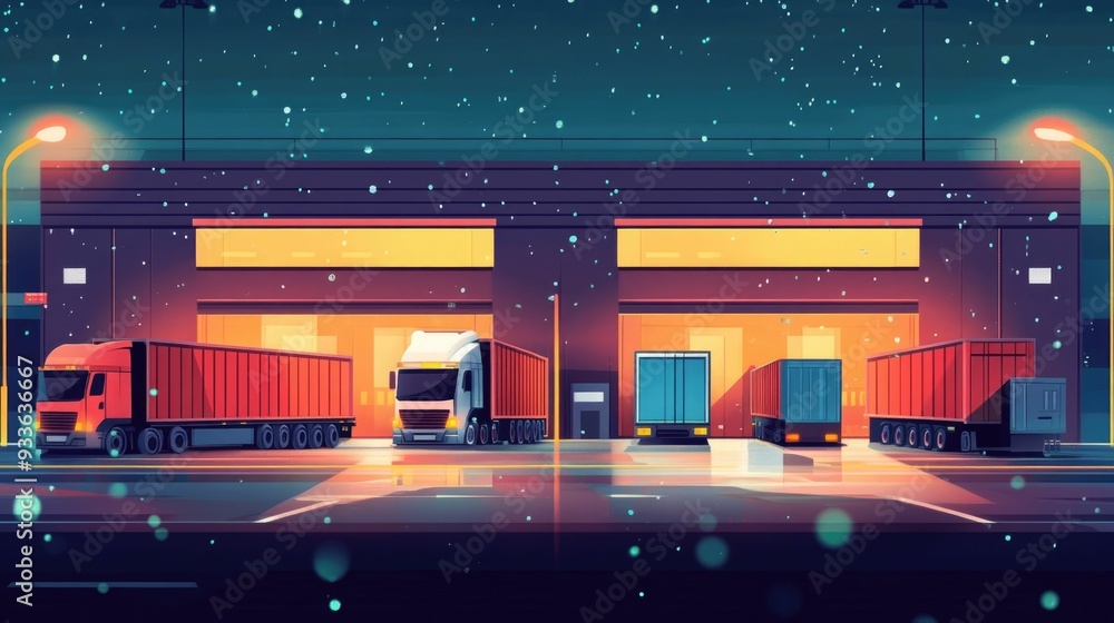 Poster of efficient international freight logistics and warehouse distribution system in a flat design styl