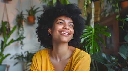 Beautiful girl is thinking how to arrange all her things in the new apartment. Young woman is smiling and looks happy. Concept of moving. 