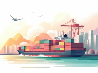 Obraz premium Flat design depicting freight logistics global cargo insurance and risk management services The image showcases the key components of an efficient supply chain including warehousing transportation