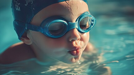Naklejka premium Close-up of a young child, around 6 years old, in a swimming cap and goggles, gently touching the water with a playful kiss during a swimming lesson.