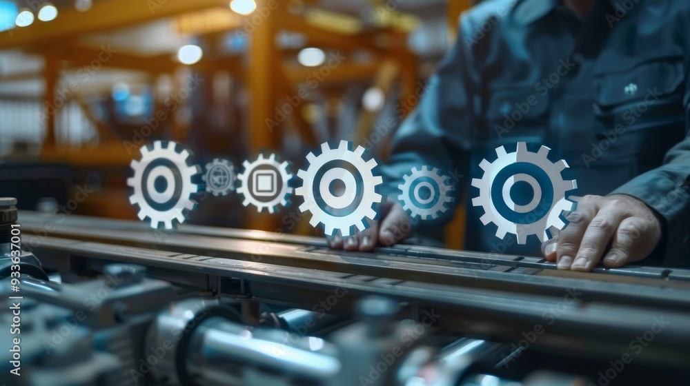 Poster close-up of automated machine processes with digital holographic interfaces in an industrial setting