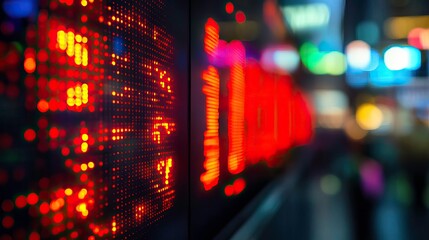 Obraz premium Abstract display of stock market data with vibrant orange lights, symbolizing financial trends and digital information flow.