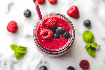 A mixed berry smoothie in a mason jar with a striped straw commercial advertising photo