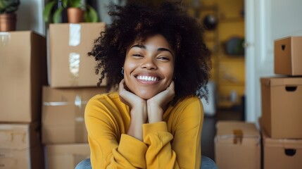 Beautiful girl is thinking how to arrange all her things in the new apartment. Young woman is smiling and looks happy. Concept of moving. 