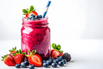 Mixed berry smoothie in a mason jar with a striped straw isolated on white background