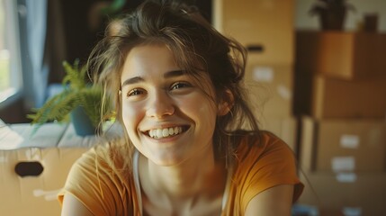 Beautiful girl is thinking how to arrange all her things in the new apartment. Young woman is smiling and looks happy. Concept of moving. 