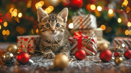 Obraz premium Cute kitten front of xmas lights, ornaments, baubles and Christmas presents, gift boxes, holiday,