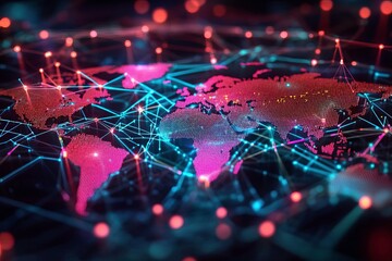Obraz premium An abstract representation of a global network, showcasing interconnected lines and vibrant colors on a world map.