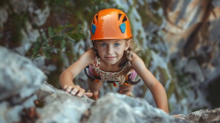 cute little girl in orange helmet looking at camera while climbing on rocky wall