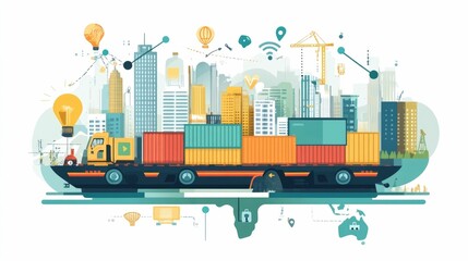 Obraz premium Flat Design Depicting the Concepts of Global Logistics Freight Capacity Planning and Supply Chain Management on a Large Scale