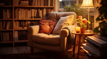 a chair, sofa set and book stock in a room. 