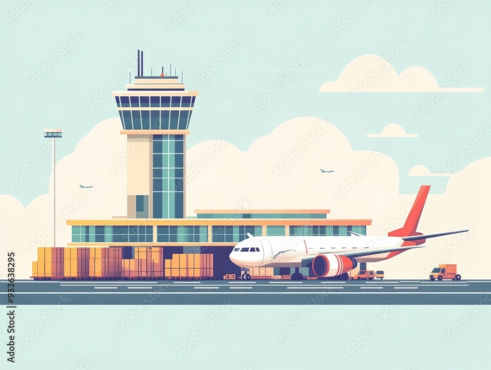 Poster flat design showcasing efficient international freight logistics and cargo handling at airports incl