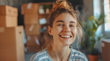 Beautiful girl is thinking how to arrange all her things in the new apartment. Young woman is smiling and looks happy. Concept of moving. 