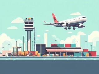 Freight Logistics and International Cargo Handling at Airports Illustrated in a Flat Design Style  Showcasing the Efficient Movement of Goods Containers