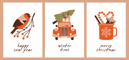 Fototapeta premium Cards for winter holidays. Happy New Year. Merry Christmas. Vintage red car is carrying a Christmas tree. Bullfinch sitting on branch with berries. Cosy cup with cookies and candy canes.