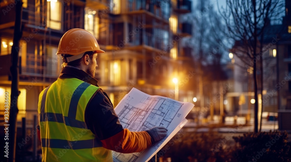 Wall mural in generative illustration, a construction worker and a new apartment building are in the background