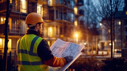 In generative illustration, a construction worker and a new apartment building are in the background.