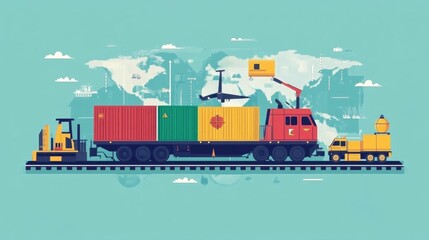 Fototapeta premium Efficient Freight Logistics Flat Design Showcasing the Management of Perishable Goods in Global Trade and Distribution Supply Chains