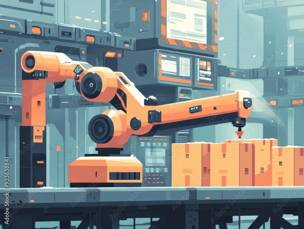 Poster flat design depicting the automation of shipping and robotic sorting of packages in a logistics and 
