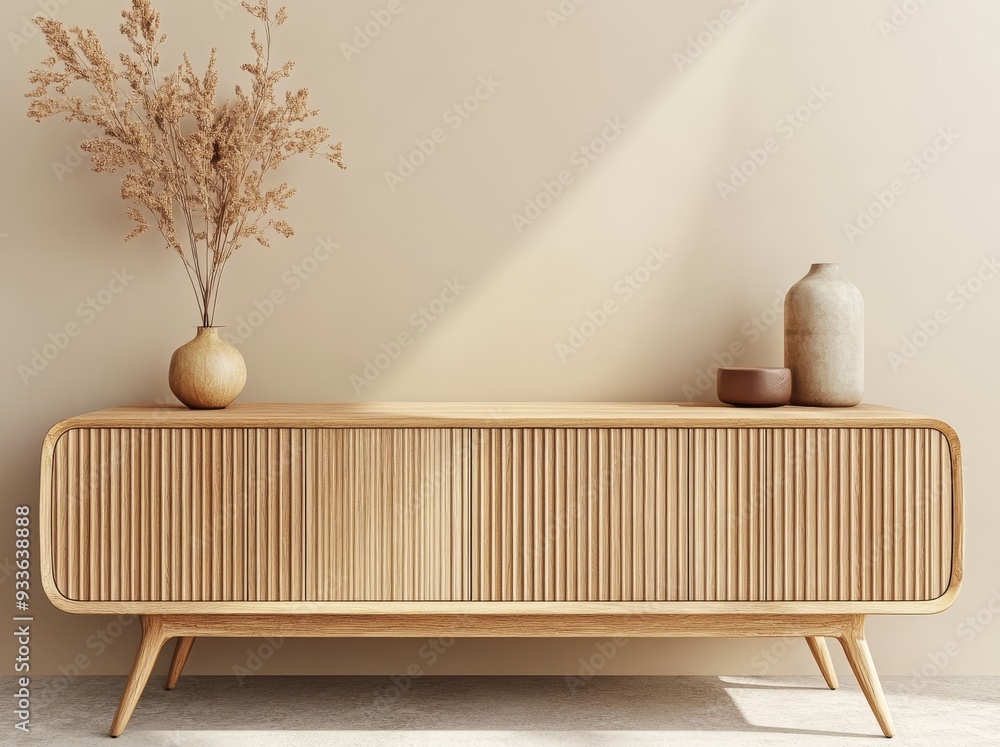 Poster the image shows a wooden sideboard with decorative items in a room with a beige wall as part of a mi