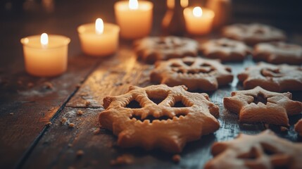 Halloween cookies shaped like jack-o'-lanterns sit on a rustic wooden table, surrounded by warm candlelight, creating a cozy, festive vibe.