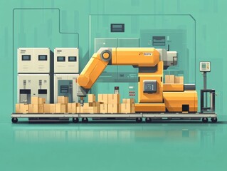 Robotic sorting and automation systems streamlining shipping logistics with flat design Efficient package handling inventory management and distribution center optimization