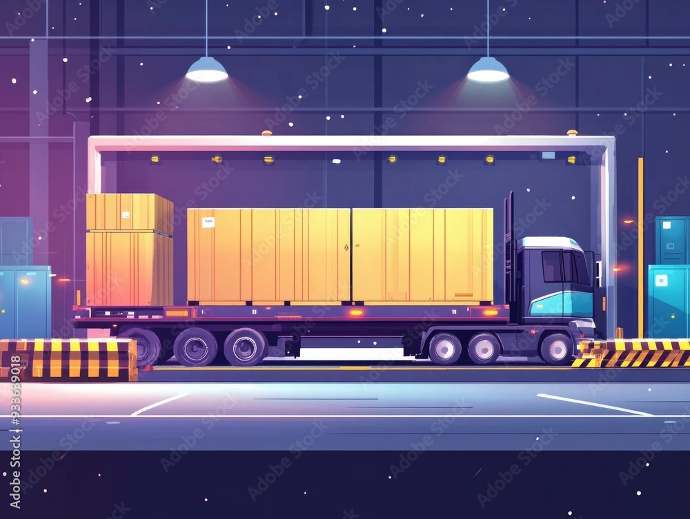 Poster streamlined logistics automated freight loading system in flat design depicting an efficient technol