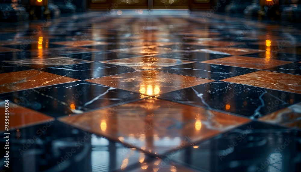 Poster a tiled floor with reflection of light on it.
