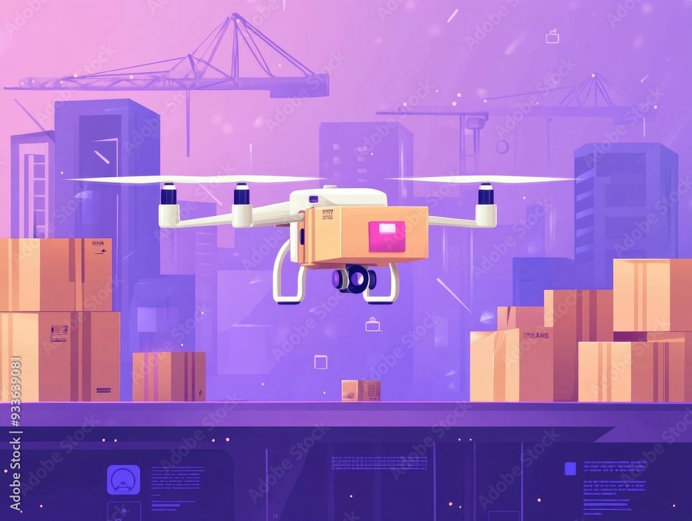 Poster automated drone delivery system for efficient and streamlined shipping and logistics flat design sho