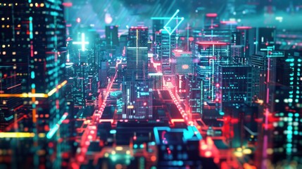 Obraz premium Data theme hologram drawing on city view with skyscrapers background multi exposure ,Cyberpunk urban landscape illuminated by neon lights at night ,A bustling city of the future,