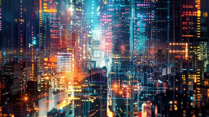 Fototapeta premium Data theme hologram drawing on city view with skyscrapers background multi exposure ,Cyberpunk urban landscape illuminated by neon lights at night ,A bustling city of the future,