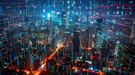 Fototapeta premium Data theme hologram drawing on city view with skyscrapers background multi exposure ,Cyberpunk urban landscape illuminated by neon lights at night ,A bustling city of the future,