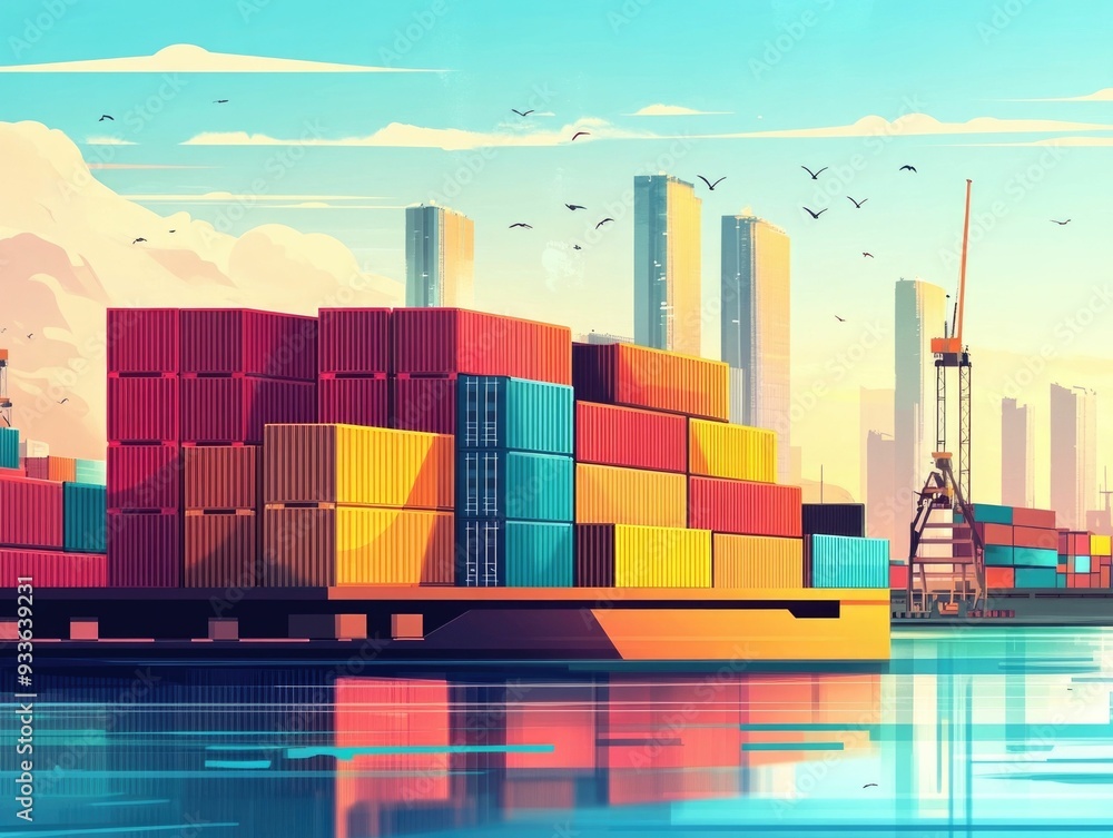 Aufkleber flat design of an automated container management system at a logistics port facility showcasing the 