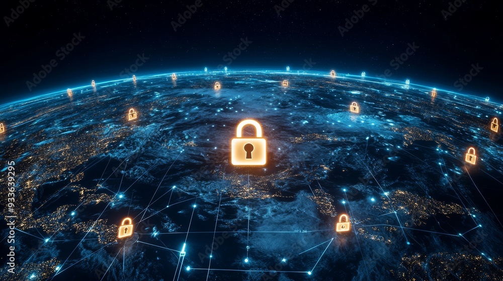 Poster the globe has a digital padlock on a circuit board with a dark background. cybersecurity and digital