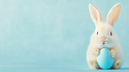 Obraz premium Bunny holding a pastel blue Easter egg on a light turquoise background. Adorable and serene spring scene.