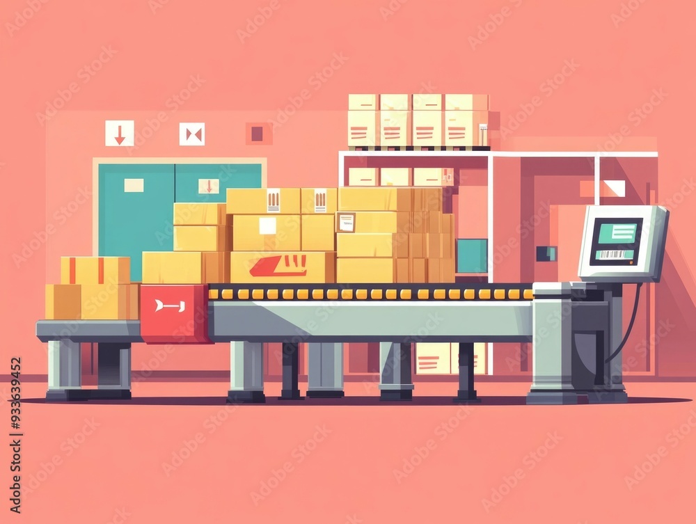 Poster flat design showcasing the automation and conveyor belt systems used in modern distribution centers 