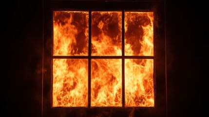 Dramatic image of a window engulfed in fierce flames, with sparks flying in the dark. Concept of danger and destruction.