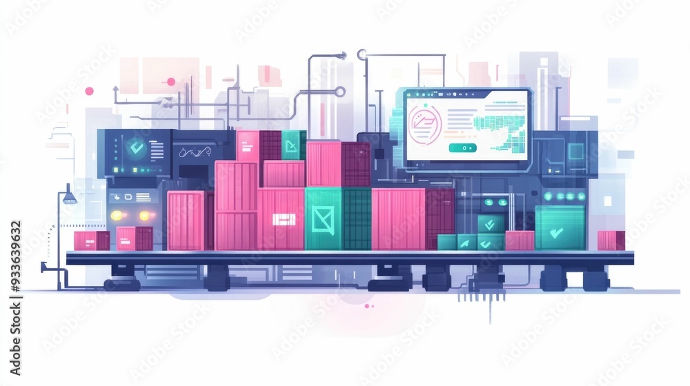 Poster shipping automation smart sensors tracking shipments in a flat design depicting the digital transfor