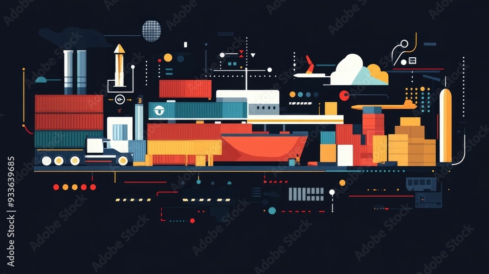 Poster innovative flat design showcasing smart sensor tracking technology for automated and optimized shipp