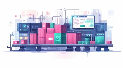 Obraz premium Shipping Automation Smart Sensors Tracking Shipments in a Flat Design Depicting the digital transformation of supply chain logistics with advanced data analytics and optimization