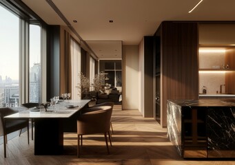 Fototapeta premium An interior design for a beige home living room with a table and chairs, a drawer, and a window