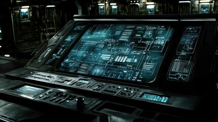 Obraz premium High-tech control room with multiple screens displaying data and graphics, showcasing an advanced technological environment.