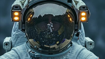 On a grey background, a serious astronaut is seen wearing a space suit and helmet.