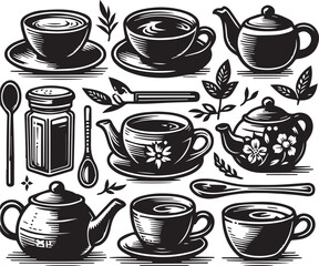 Tea Drinking Set Vector Illustration Silhouette