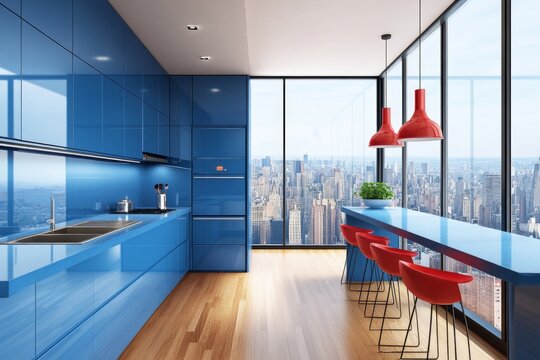 Fototapeta The interior of a colored home kitchen with bar counter and stool and a panoramic window can be seen in the background