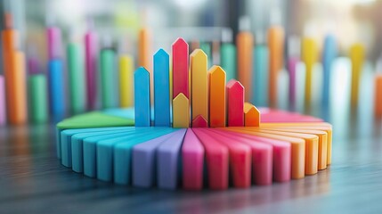 Fototapeta premium Colorful wooden blocks arranged in a creative pie chart, exemplifying data visualization and playful learning.