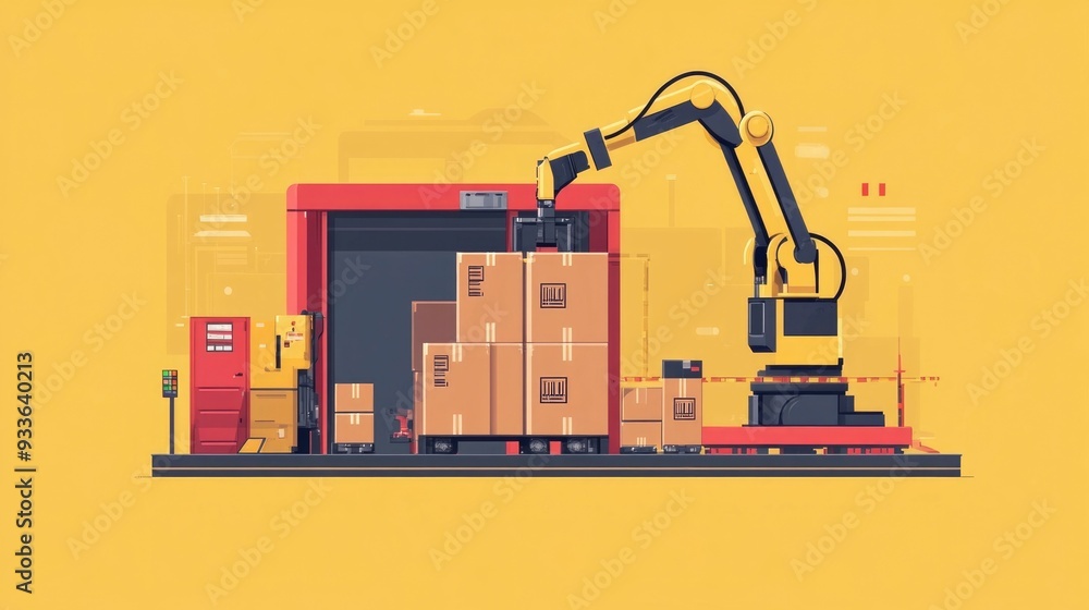 Poster automated robotic arms loading freight packages and containers in a streamlined modern logistics fac