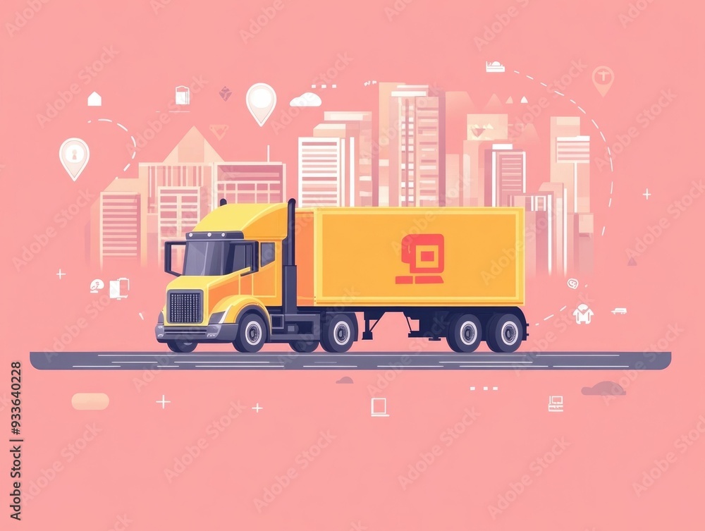 Poster flat design depicting the concept of shipping automation and self driving delivery trucks for effici