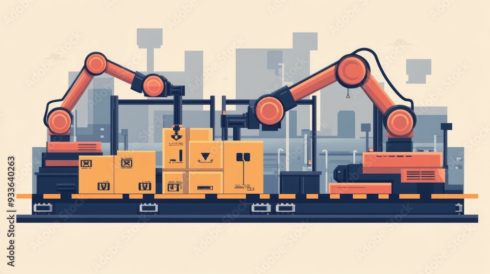Poster flat design showcasing the efficiency of automated robotic arms in loading and handling freight with