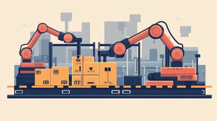 Flat design showcasing the efficiency of automated robotic arms in loading and handling freight within a logistics and shipping warehouse environment